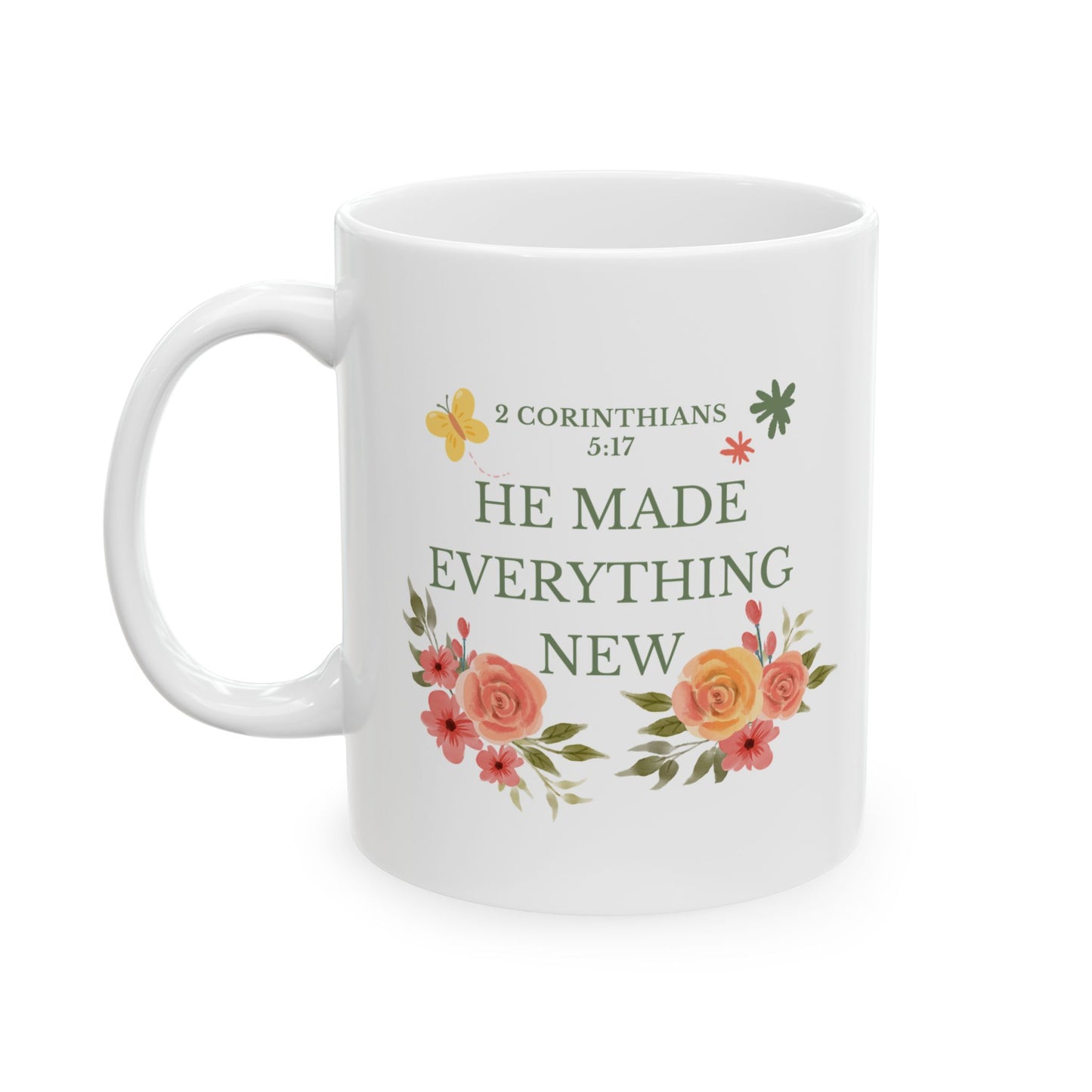 Christian Floral Mug 11oz – 2 Corinthians 5:17 Coffee Cup | He Made Everything New | Faith Gift