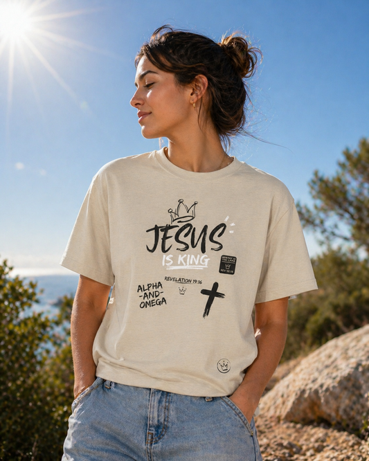 Jesus Is King Graphic T-Shirt – Cross & Crown Design Inspired by Revelation - faith based tee
