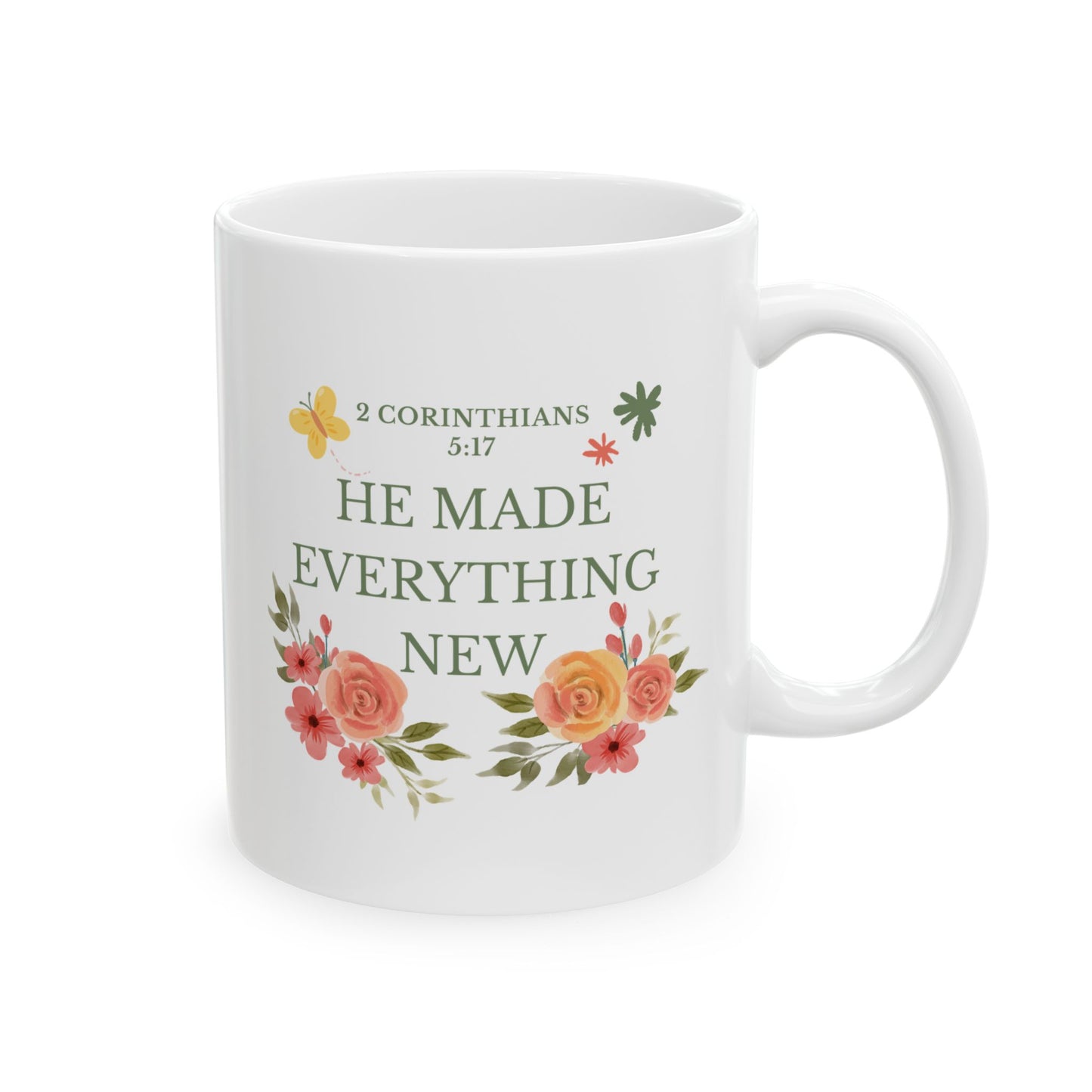 Christian Floral Mug 11oz – 2 Corinthians 5:17 Coffee Cup | He Made Everything New | Faith Gift