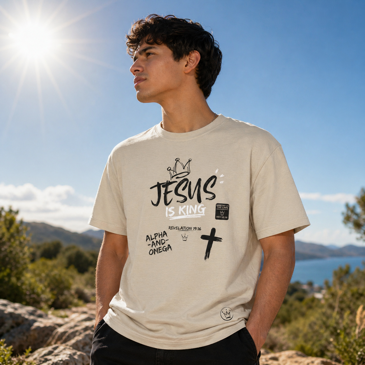 Jesus Is King Graphic T-Shirt – Cross & Crown Design Inspired by Revelation - faith based tee