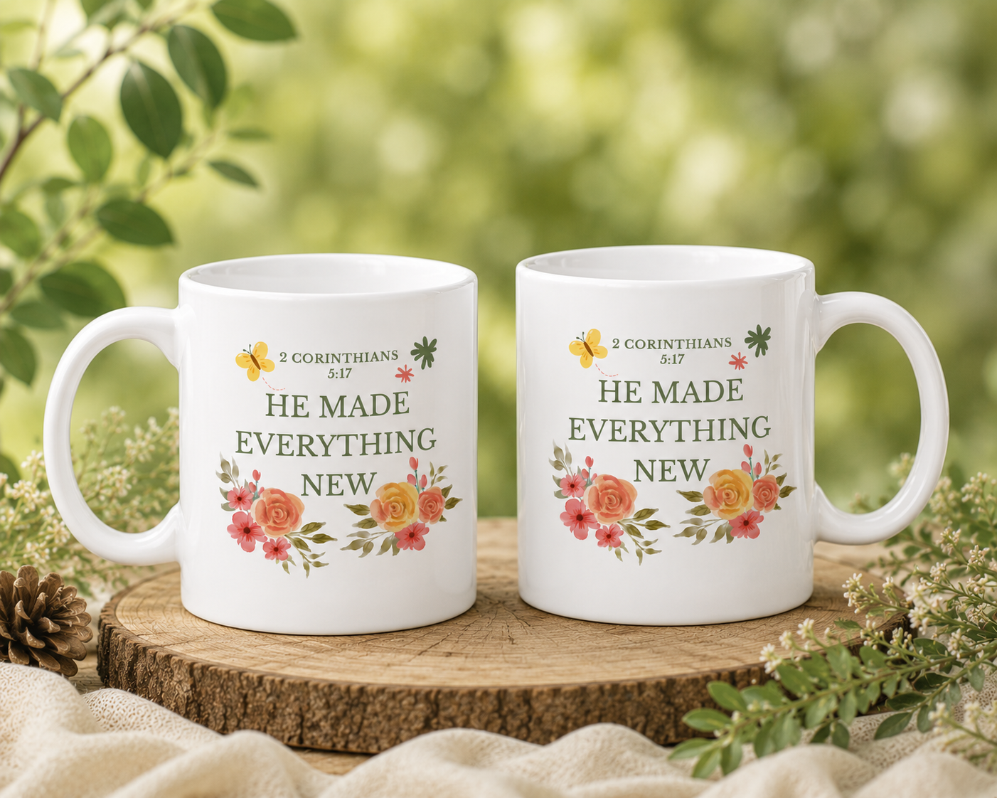 Christian Floral Mug 11oz – 2 Corinthians 5:17 Coffee Cup | He Made Everything New | Faith Gift