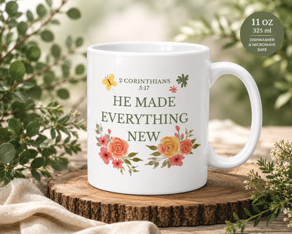 Christian Floral Mug 11oz – 2 Corinthians 5:17 Coffee Cup | He Made Everything New | Faith Gift