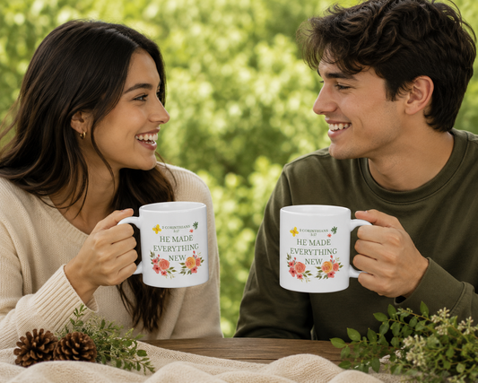 Christian Floral Mug 11oz – 2 Corinthians 5:17 Coffee Cup | He Made Everything New | Faith Gift